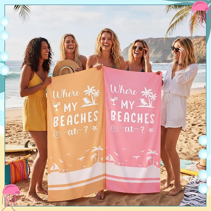 Patelai 4 Pcs Where My Beaches at Towels Girls Trip Gifts Lightweight Microfiber Oversized 35 x 70 Inches Towels Quick Dry Colorful Easy Pack for Swimming Pool Camping Women Adult Vacation