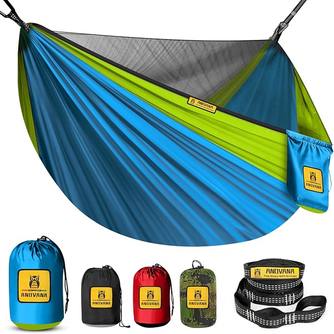 Kids Camping Hammock with Mosquito Net, 450 lbs Portable Hammock with Tree Straps, 2-in-1 Double/Single Travel Hammocks for Children, Hammock for Outside/Indoor/Backpacking/Beach - Sky Blue & Green