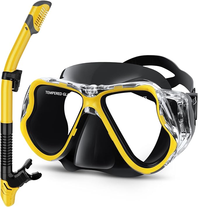 Greatever Dry Snorkel Set,Panoramic Wide View Anti-Fog Scuba Diving Mask,Professional Snorkeling Gear for Adults Kids