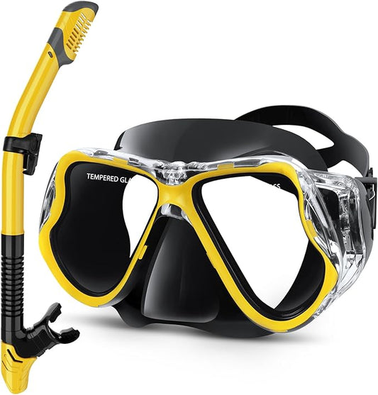 Greatever Dry Snorkel Set,Panoramic Wide View Anti-Fog Scuba Diving Mask,Professional Snorkeling Gear for Adults Kids