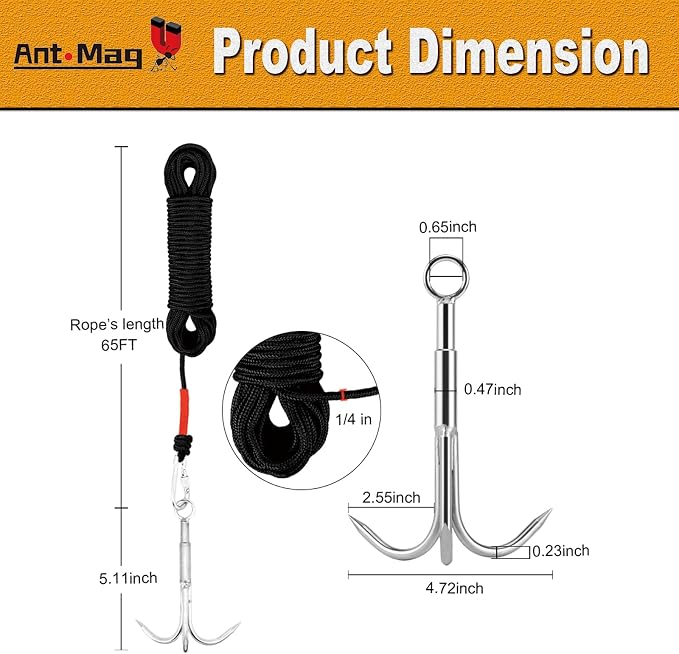 Ant Mag Grappling Hook with Claw Tips - Heavy Duty Stainless Steel Carabiner for Camping, Hiking, Tree Climbing, Water Retrieval & Salvage Operations