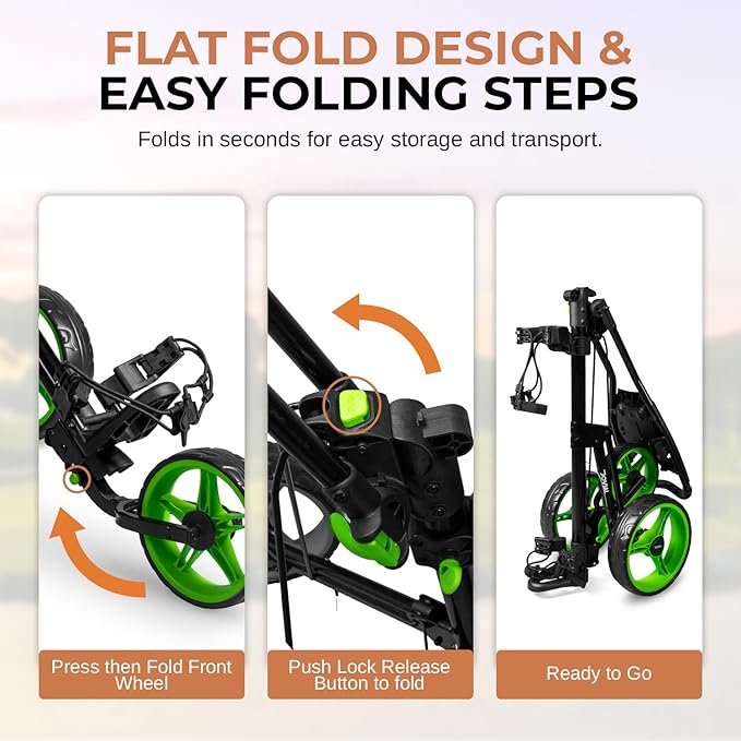 JOVIAL Foldable 3 Wheel Junior Golf Push Cart, Lightweight Aluminum Pull Cart with Deluxe Scorecard Holder, Adjustable Handle, Quick Brake System, Compact Folding Golf Trolley with Strap Support