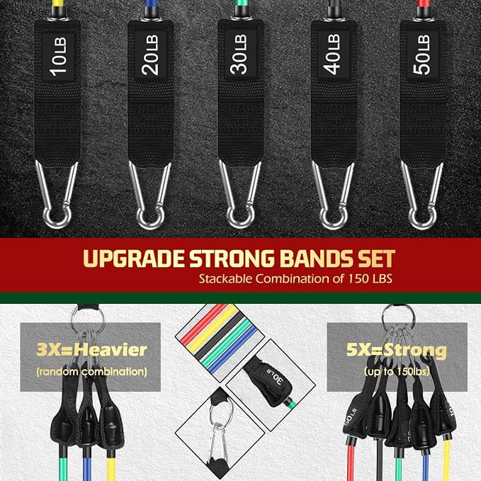 VEICK Resistance Bands Set, 10-150 LBS Stackable Exercise Bands with Handles, Ankle Straps & Door Anchor, Workout Bands for Home Gym, Yoga, Pilates, Physical Therapy for Men Women