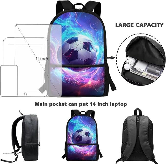 Soccer Kids School Bag for Boys Backpack and Lunch Bag Pencil Case Pouch, Childrens Backpack for Girls Bookbag School Daypack for Travel Picnic Hiking Back to School Supplies