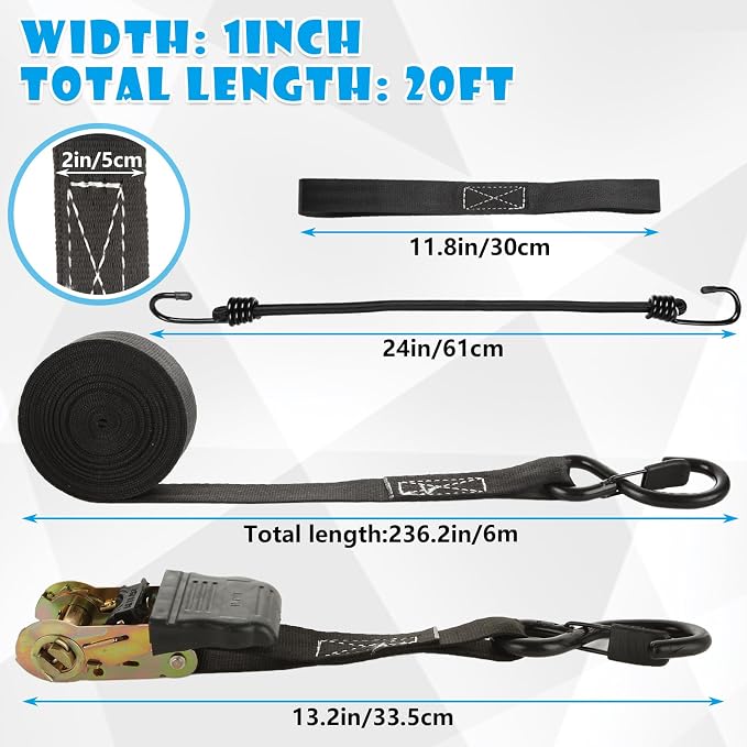 4pc 1in Ratchet Straps - Heavy Duty 20ft Tie Downs with Hooks, Black Ratcheting Straps for Motorcycle & Trucks - 2645 LBS Strength