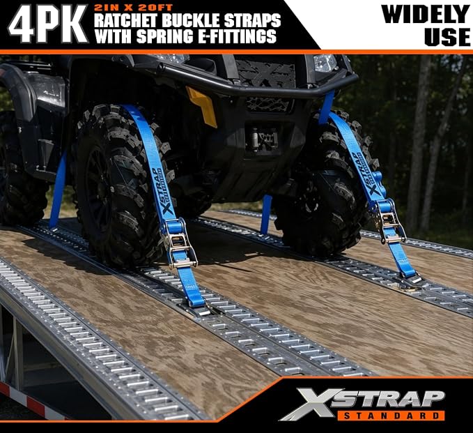 XSTRAP STANDARD 4-Pack 2" x 20' E-Track Ratchet Tie Down Straps 4,400 lbs Break Strength Heavy Duty Cargo Securement for Trailers, Trucks, Vans & Motorcycles with Spring Fittings (Blue)