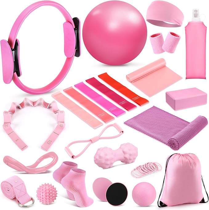 Halloscume 24 Pcs Pilates Kit, Home Pilate Equipment for Women, Pilates Ring and Ball Set with Stretching Strap, Water Bottle, Magic Circle, Yoga Ring, Gym Bag, Resistance Band, Anti Slip Sock