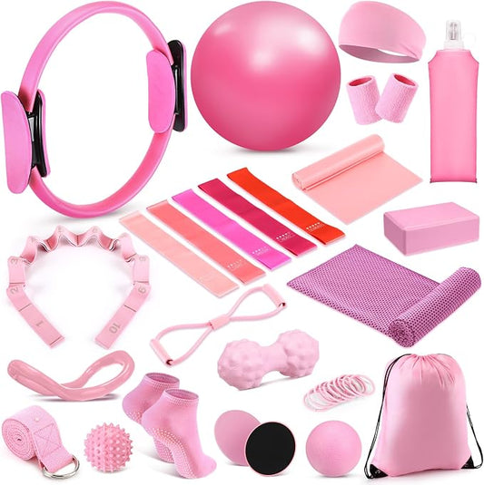 Halloscume 24 Pcs Pilates Kit, Home Pilate Equipment for Women, Pilates Ring and Ball Set with Stretching Strap, Water Bottle, Magic Circle, Yoga Ring, Gym Bag, Resistance Band, Anti Slip Sock