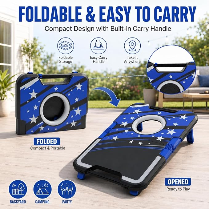 Foldable Cornhole Board Set with LED Lights, Sound Effects & Built-in Score Slider, Outdoor Bean Bag Toss Game for Kids Adults, Portable Backyard Camping Party Game Set with 2 Boards 8 Bags