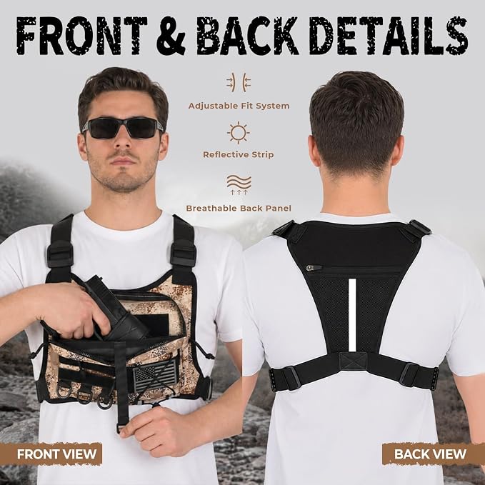 koculemi Outdoor Sports Chest Bag for Men, Chest Vest Holster Fits Most Pistols, EDC Travel Chest Pack for Running, Hiking