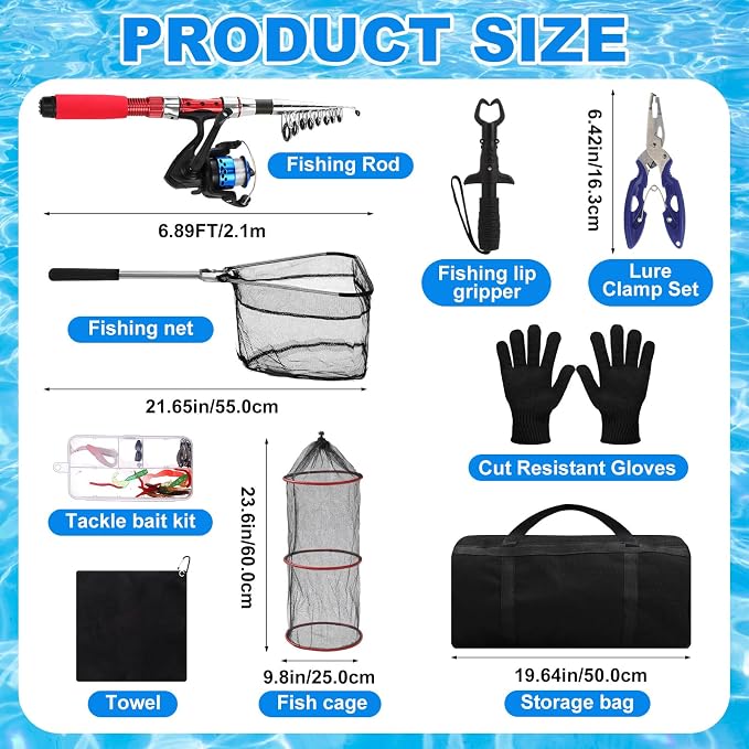 51 Pcs Fishing Rods Combo 6.89ft Telescopic Freshwater Pole Set with Plier Lip Gripper Lures Carrier Bag Pre Loaded Spinning Reel with Freshwater Rod Reel Kit Father Men Gift