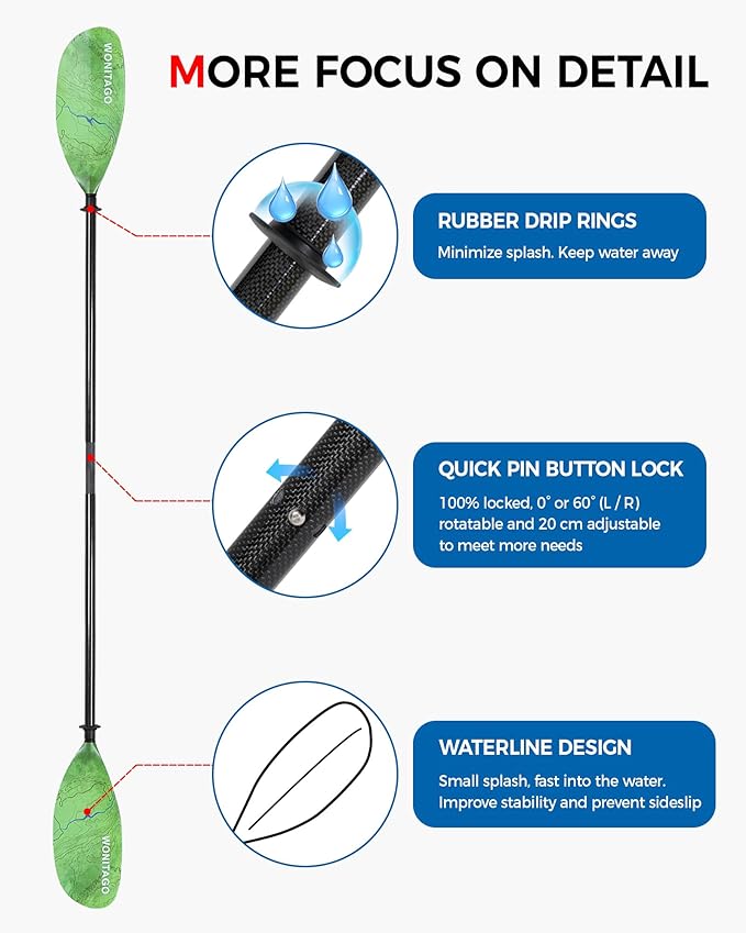 Kayak Paddle Carbon Fiber Shaft and Reinforced Nylon Blade, Adjustable Kayaking Oars, 3 Piece, 230-250 cm/90-98 Inches,210-230 cm/82-90 inches