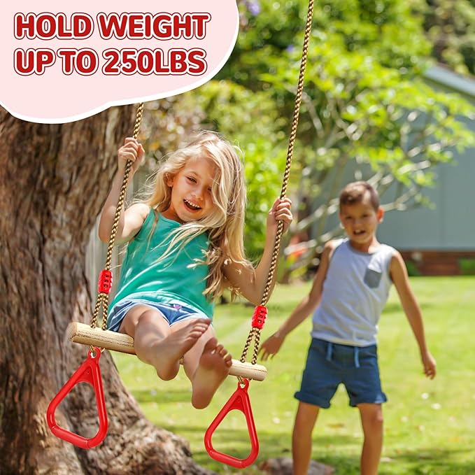 LadyRosian Wooden Trapeze Swing Bar, Adjustable Height Swing Set, Gym Rings, Playground Attachments, 16.5" Monkey Bar for Backyard, Playground, Playroom (Red)