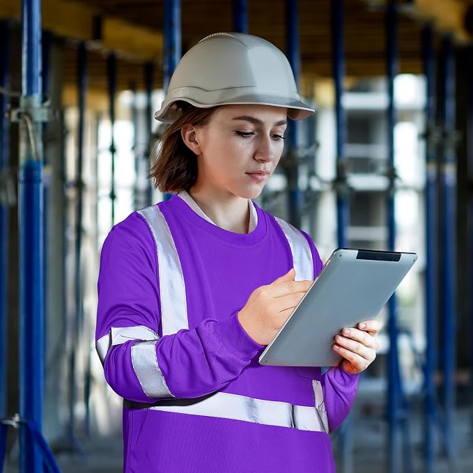 Amylove 4 Pcs Women Long Sleeve Safety Shirt High Visibility Shirts Reflective Construction Work Shirts for Women(L,Purple)