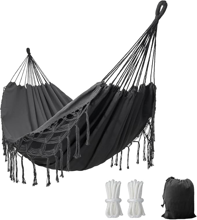 Double Boho Macrame Hammock with Elegant Tassels for Patio, Yard, Beach Wedding Decor, Outdoor and Indoor Up to 450lbs Include Tie Ropes and Drawstring Bag （Dark Grey）