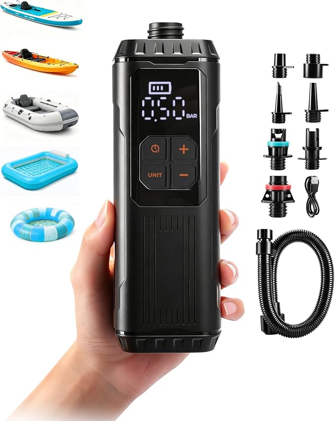 Mini Paddle Board Pump, Portable SUP Air Pump with Battery, Lightweight Electric Inflator 12 PSI Auto Shut-Off, USB-C Rechargeable for Paddle Boards, Kayak, Pool Floats