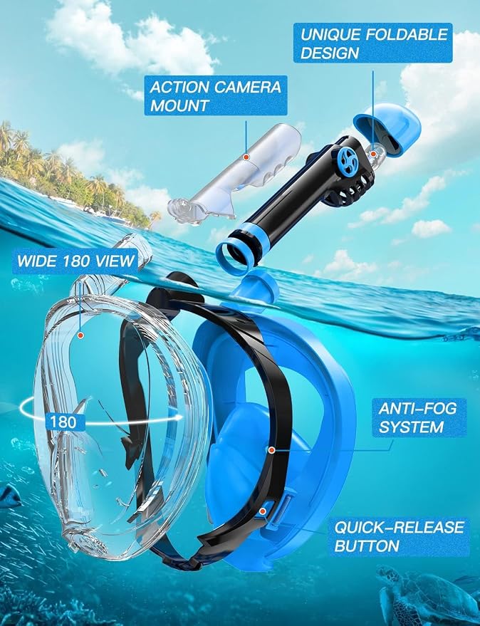 Full Face Snorkel Mask for Adults, 180° Panoramic Anti-Fog Snorkeling Gear with Dry Top System & Camera Mount, Foldable Anti-Leak Design for Travel, Swimming & Ocean Snorkeling