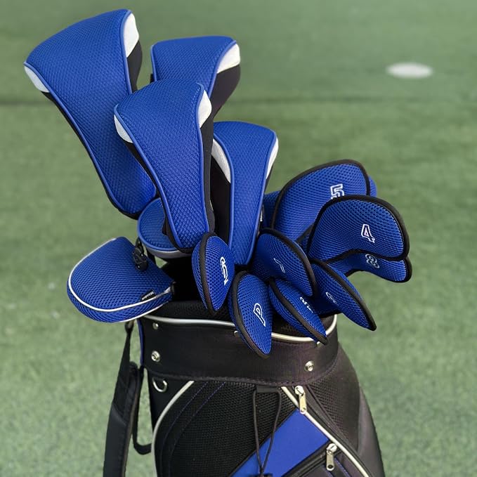 Andux 3pcs/Set Golf 460cc Driver Fairway Wood Club Head Covers | with interchangeable NO. Tags | Mesh Breathable material | Short Neck | Coloured Piping | Pull-On Closure