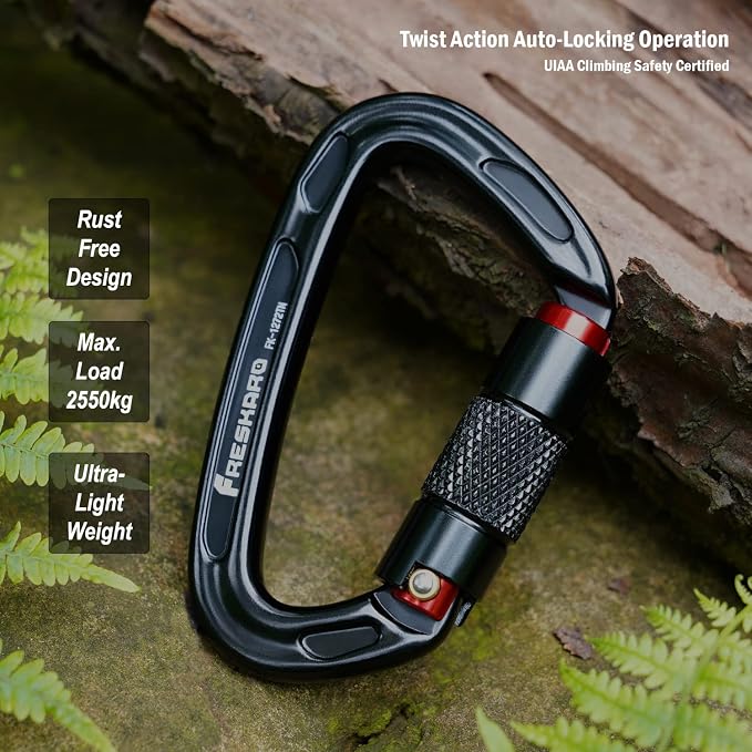 FresKaro 3pcs 25kN Twist Locking Climbing Carabiners and 5pcs 1kN 360 Degree Swivel Carabiner Clips