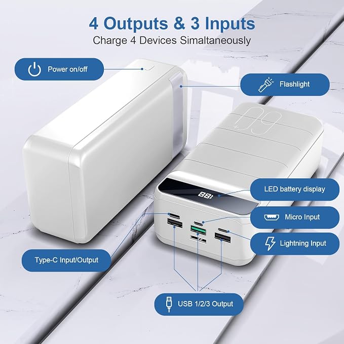 Portable Charger Power Bank 60000mAh Fast Charging 22.5W PD4.0 & QC 4.0 with USB C Battery Pack Charger Portable High Capacity Portable Phone Charger Power Bank for iPhone,Samsung,Travel (White)