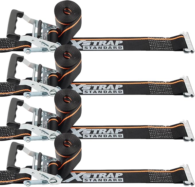 XSTRAP STANDARD 4 Pack E-Track Ratchet Straps 2" x16', 4400 LBS Break Strength Interior Van Solution Heavy Duty Tie Down Strap for Moving, Truck, Trailers, Motorcycles, Kayaks, Car Roof, Black