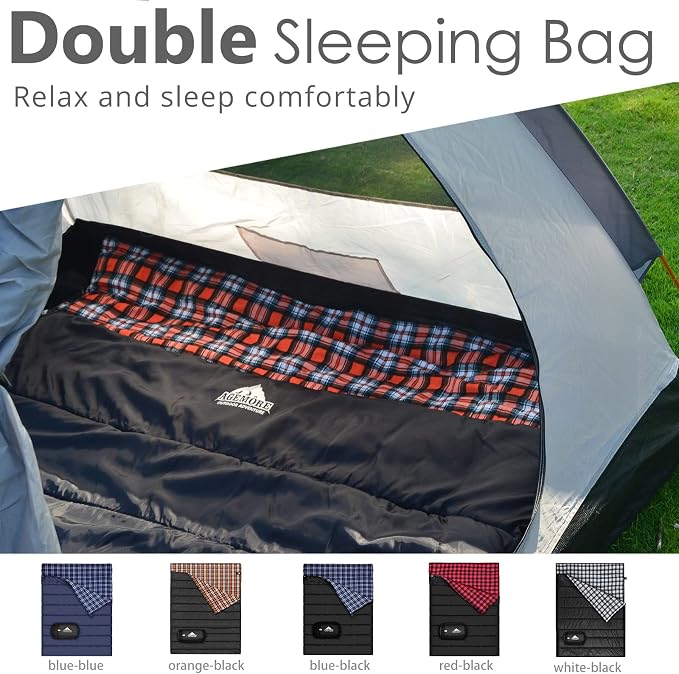 Cotton Flannel Double Sleeping Bag for Camping, Backpacking Or Hiking. Queen Size 2 Person Waterproof Sleeping Bag for Adults Or Teens. Lightweight with Compression Sack