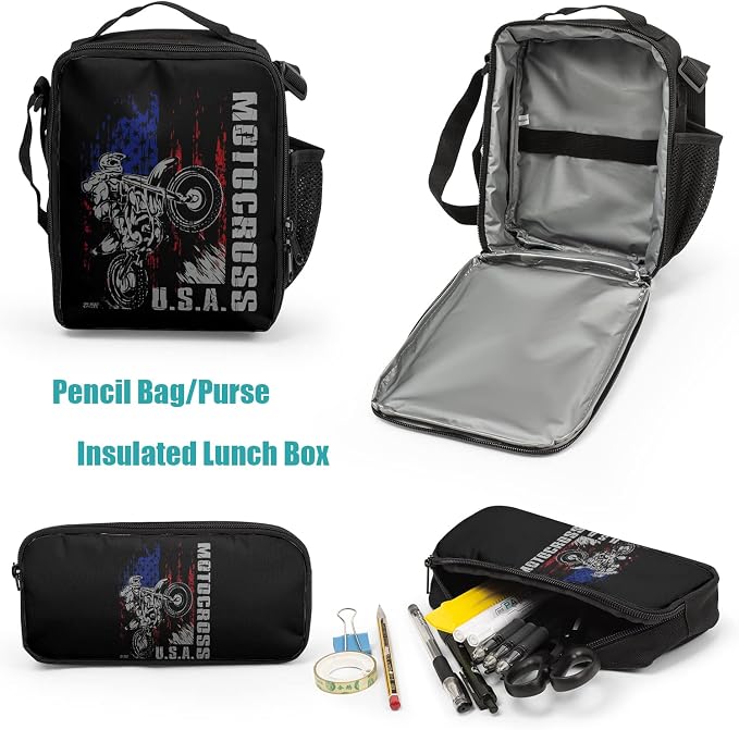 Giwawa Motocross Vehicle Teens School Backpack Set American Flag Canvas Girls Boys School Bags Travel Bookbags 3 in 1