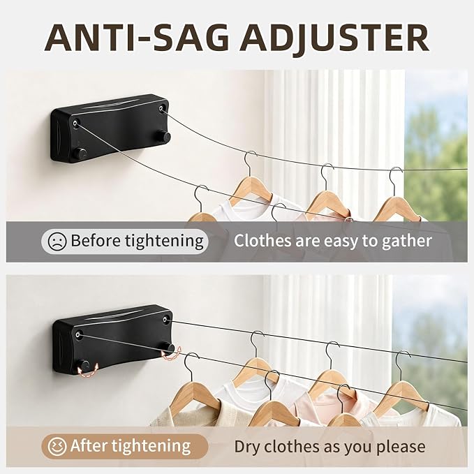 Anti-Sag Retractable Clothesline 40LB Capacity - 201in Stainless Steel Laundry Line for Indoor Outdoor, Wall Mounted Space Saving Easy Install (Black, Double Lines)