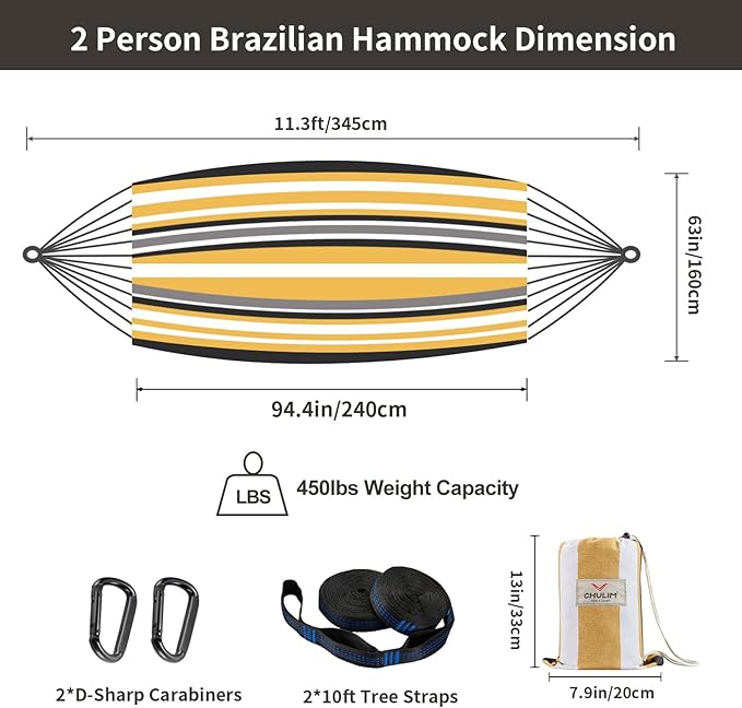 CHULIM Brazilian Double Hammock with Tree Straps,Extra Large 94x63IN,2 Persons Hammock for Backyard Patio Outdoor and Indoor,450lbs Weight Capacity,Soft Woven Cotton Fabric - Coffee Stripe