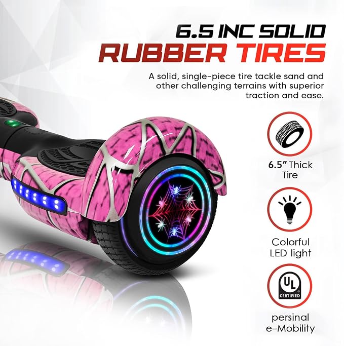Spider-Pattern Hover Board for Kids Ages 6-12, with Bluetooth Speaker and LED Lights 6.5" Hover Board, UL2272 Safety Certified (Pink)