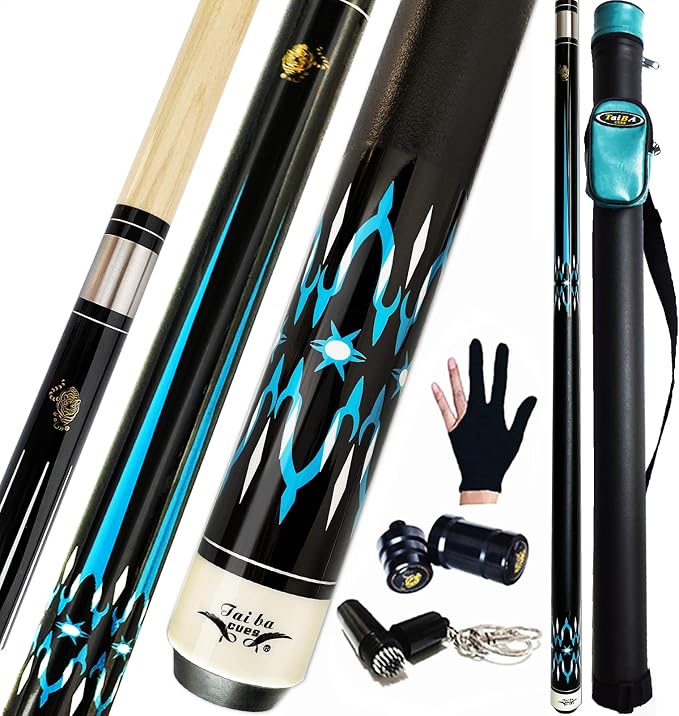 Tai ba cues 2-Piece Pool cue Stick + Hard Case, 13mm Tip, 58", Hardwood Canadian Maple Professional Billiard Pool Cue Stick 18,19,20,21,22 Oz Pool Stick (Selectable)-Blue, Black, Red, Gray, Green