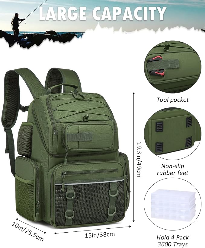 HAMBOLY Fishing Backpack with Tackle Boxes, 50L Fishing Tackle Bag with Cooler & Rod Holders, Waterproof Tackle Bag for Men
