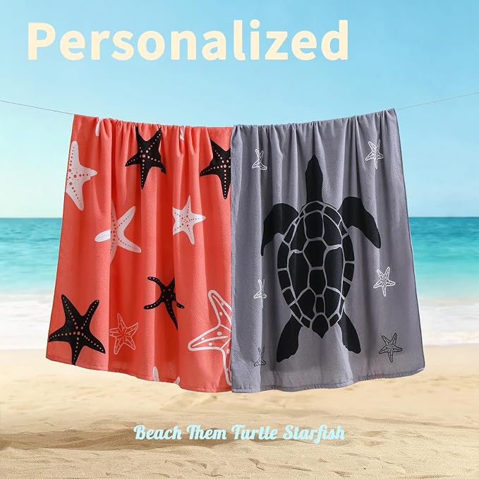 Belista Oversized Beach Towels 4 Pack,40”x70” Microfiber Thin Large Beach Towel Set for Adults Travel Camping Swimming,Turtle Starfish Them Sand Free Quick Dry Lightweight XL Pool Towels,Orange & Gray