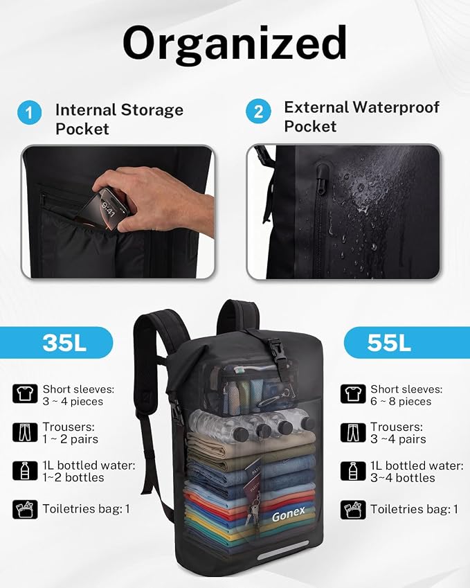 Gonex Ultralight Waterproof TPU Backpack, 35L Roll Top Dry Bag with Comfortable Padded Back Panel for Kayaking Boating Camping Fishing Travel,Black