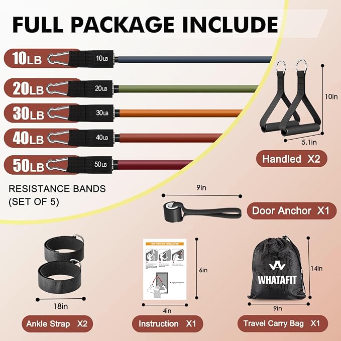 WHATAFIT Resistance Bands, Exercise Bands, Workout Bands with Handles, Door Anchor and Ankle Straps, 5 Resistance Levels Fitness Bands for Strength Training, Physical Therapy, and Home Gym Equipment