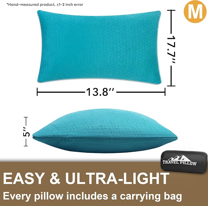 Travel Pillow Compressible Camping Memory Foam Pillow - Dark Grey M Size and Turquoise Blue M Size, Ideal Backpacking, Airplane and Car