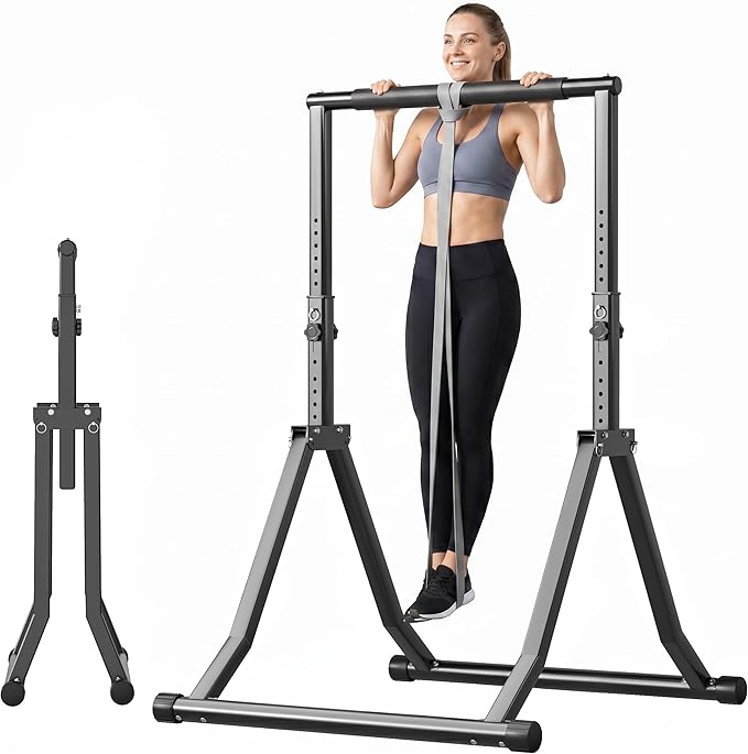 Foldable Power Tower Dip Station for Pull Ups, 58.3"-76.8" 12 Level 700 LBS, Adjustable Dip Handles & Assistance Bands Foldable Home Gym Equipment