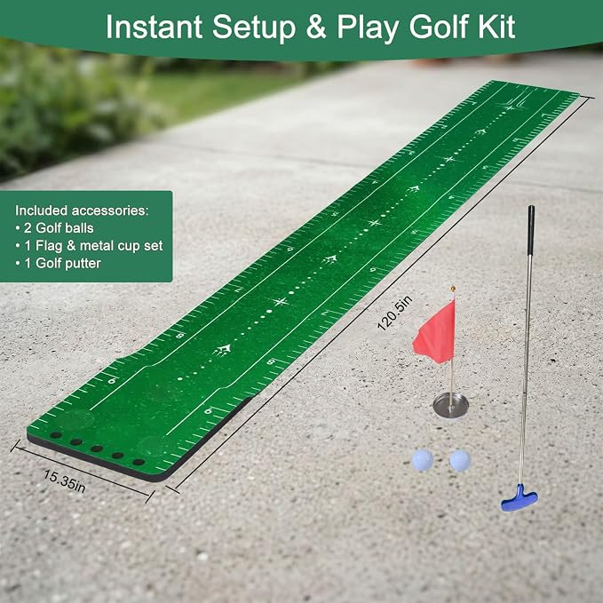 Chriiena Golf Putting Game Mat, Indoor Putting Green Set for Party Game | With 2 Balls, 1 Flag & Cup, Portable Pong Game Mat, Golf Games for Adults, For Backyard, Office, Party Use