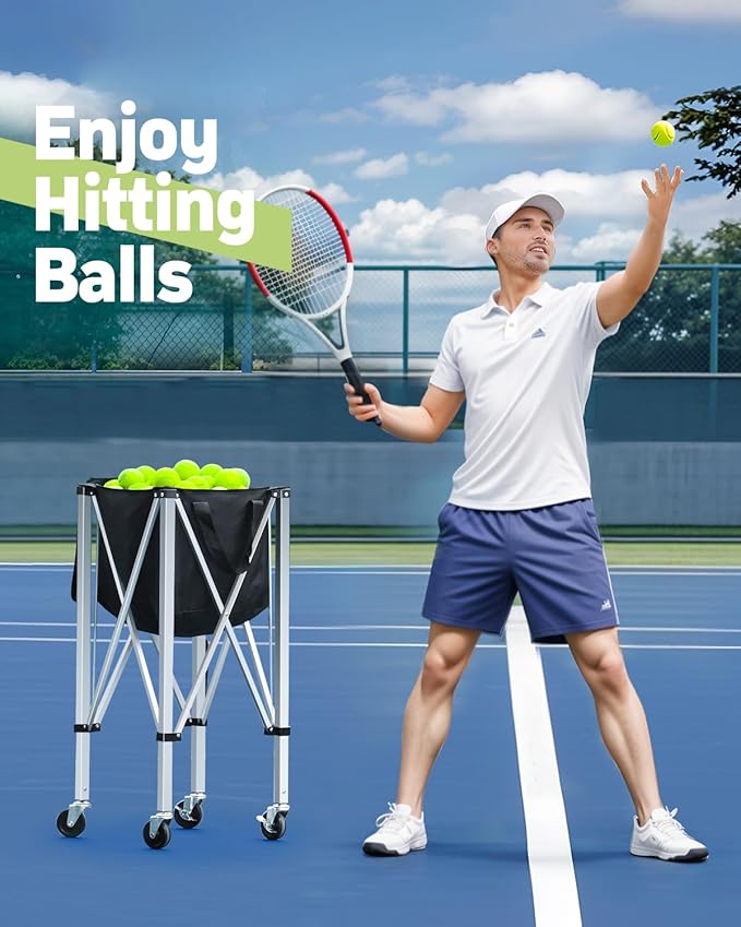YooKoo Tennis Ball Hopper for 150 Balls, Tennis Ball Basket for Serve Training, Foldable Tennis Ball Cart with Storage Bag, Portable Pickleball Baseball Hopper Basket