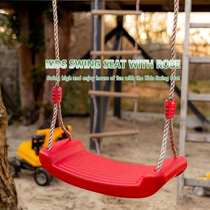 Plastic Swing Seat, Heavy Duty Tree Swing Set Non Slip Playground Swing Set Accessories Replacement with Adjustable Rope for Kids Outdoor Play Playground Backyard (Red)