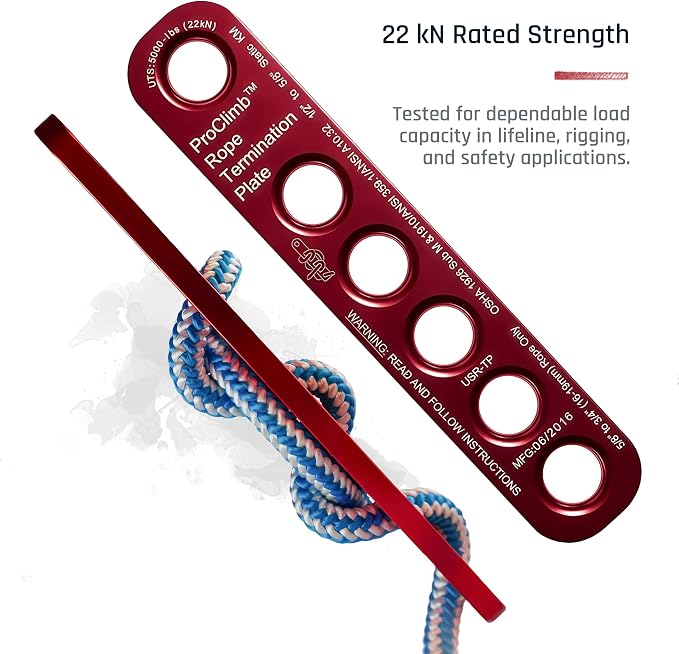 22 kN Rope Termination Plate – Aluminum Rigging Plate for 5/8"–3/4" Kernmantle Rope – Anchor Plate for Vertical Lifeline and Fall Protection