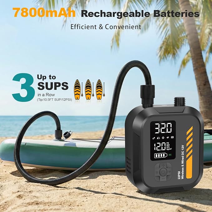 Paddle Board Pump Electric Portable,Rechargeable 22 PSI SUP Air Pump,Dual Power 7800mAh,12V DC Car Plug,Inflation Deflation,Auto-Off,for Paddleboard,Kayak,Kite,Tent,Kayaks