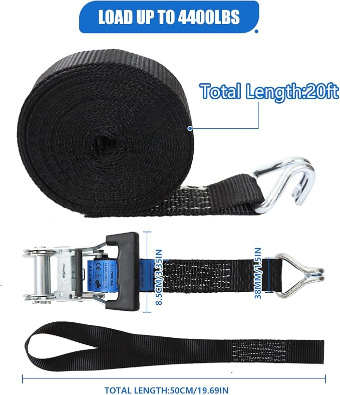 Ratchet Straps Heavy Duty 4Pcs 2.3" x 20ft with 4 Helper Tie Down Ratchet Straps and Storage Bag, Galvanized Zinc Double J Hook for Trailer, Truck, Motorcycle, Cargo Moving - Black