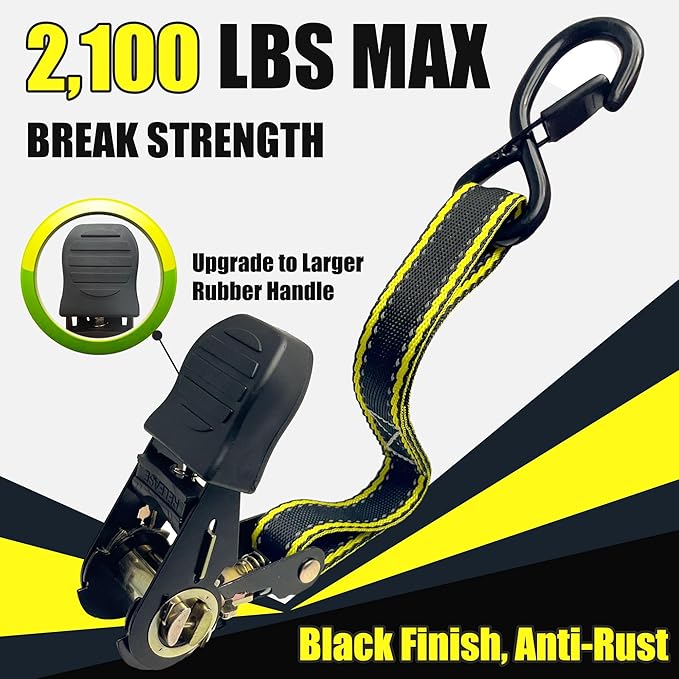KJE Reflective Ratchet Straps, (4) 1" x 15' Tie Down Strap Sets + (4) Soft Loops, TPR Handles & Coated S Hook W/Safety Clip, 2100lb Break Strength, Cargo Strap for Motorcycle, ATV