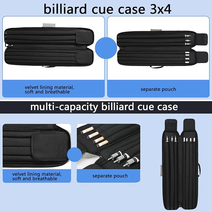 Pool Cue Case 3x4 Pool Stick Bag with Backpack Straps Soft Billiard Cue Carrying Case with Two Shoulder Strap, Billiard Stick Case Holds 3 Butts 4 Shafts and Billiards Accessories