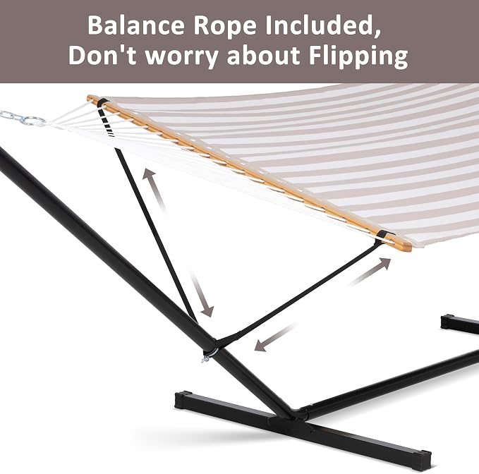 SUNCREAT Double Hammock with Stand Included, Outdoor Portable Hammock with Stand, Light Gray Stripes