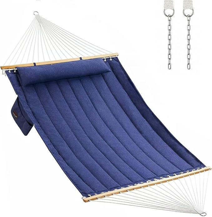 Double Quilted Fabric Hammock with Hardwood Spreader Bars and Pillow 450 LBS Capacity 2 Person Large Hammock for Outdoor Patio Backyard Poolside - Dark Blue