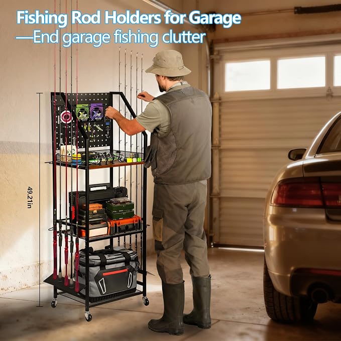 Fishing Rod Holder for Garage Organization, Fishing Rod Rack, Fishing Gear Storage up to 12 Rods with Pegboard & Hooks, Heavy Duty Fishing Cart with Wheels for Fishing Storage,Tackle Box (Large)