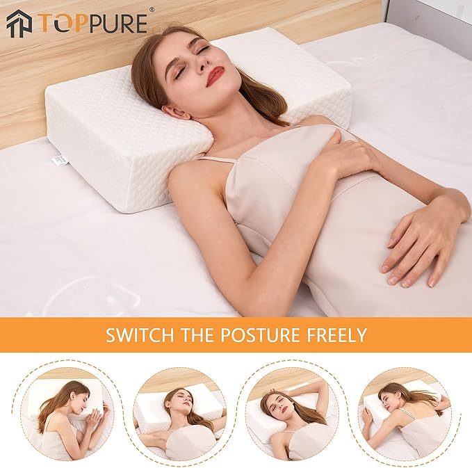 TOPPURE Cube Memory Foam Pillow for Side Sleepers (24"x12"x4" Rectangle Thin Pillow), Cervical Pillow for Neck and Shoulder Pain Relief, Neck Pillow, Bed Pillow with Washable Pillowcase, White