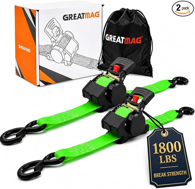 Self-Retracting Ratchet Tie Down Straps 1800 lbs, 1in × 10ft Retractable Cargo Straps with Zinc S-Hooks, Auto Rewind Tie Downs for Trucks, Utility Trailers & Roof Racks, 2 Pack, Green, Damped Rewind